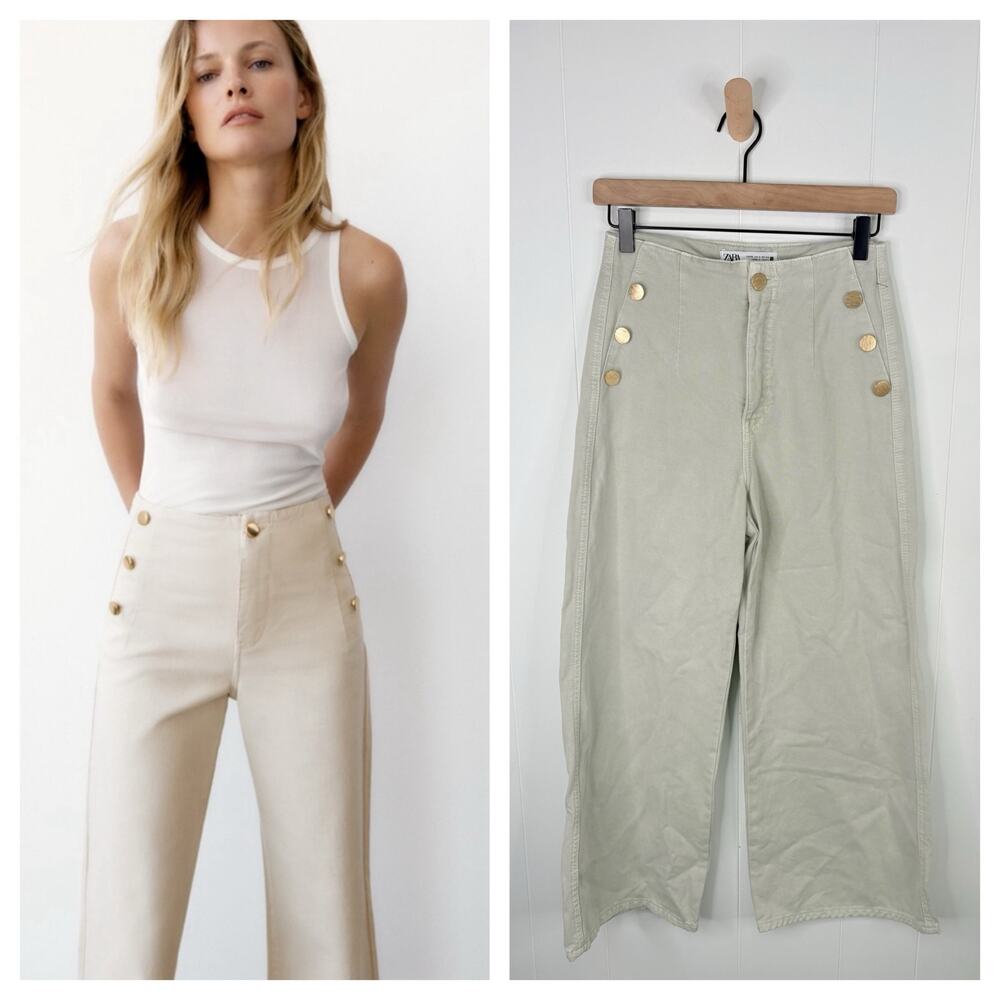 🧺 5 for $25 Sale Zara Sailor Cropped Wide Leg Jeans Size 2 Cream Khaki